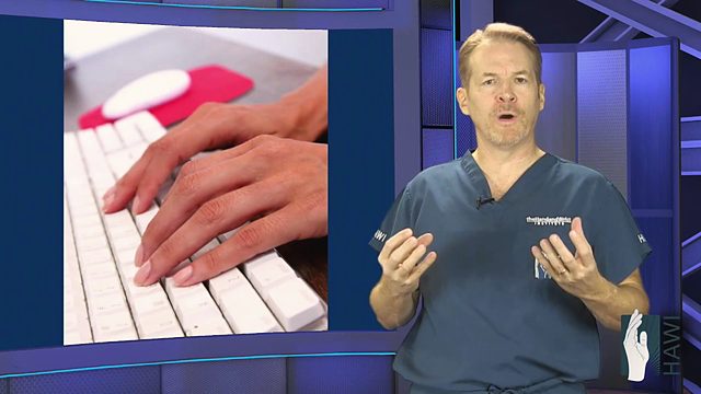 Dr. Knight beside a picture of two hands typing at a keyboard.