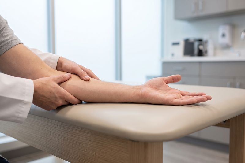 A clinician's hands supporting an adult's forearm near the elbow, the wrist and open hand resting on an exam table.