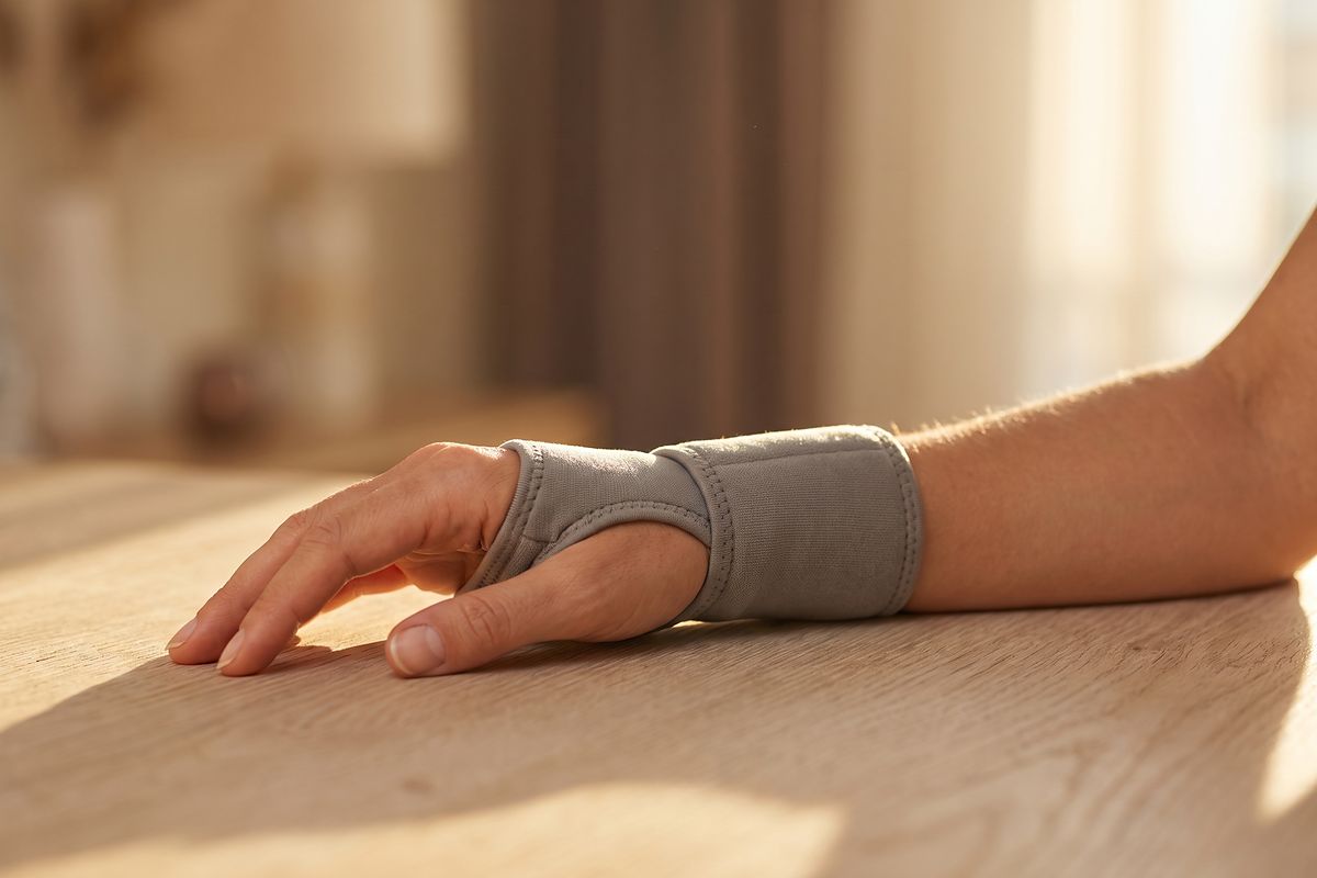 A forearm resting on a table wearing a plain fabric wrist brace.