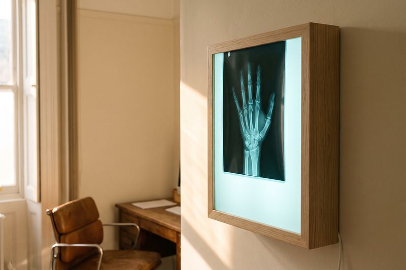 An X-ray of a hand on a wall-mounted lightbox, with a desk and chair beside it.
