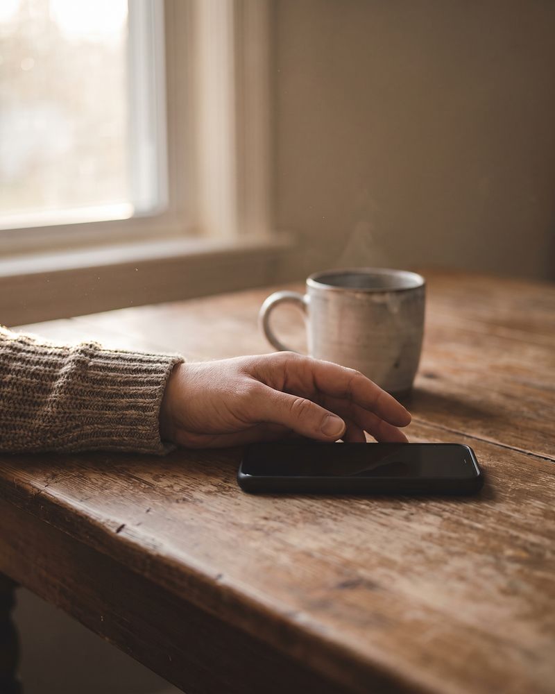 A hand resting beside a phone on a wooden table, a mug of coffee behind it by the window.