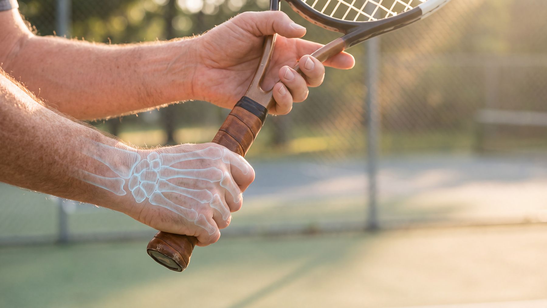 A hand gripping the handle of a tennis racquet, the bones of the hand and wrist showing softly through the skin in blue.