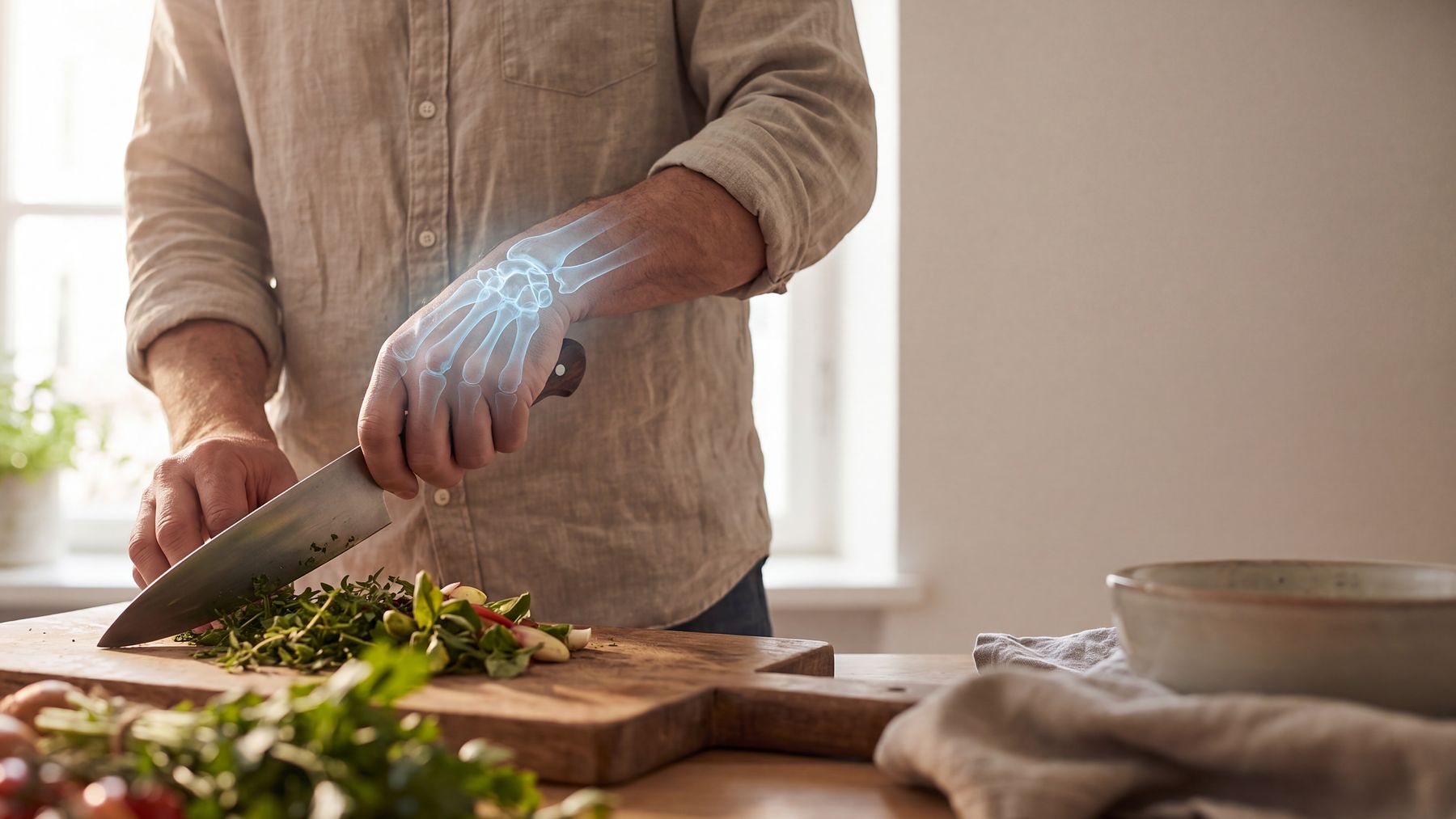 A hand holding a kitchen knife over a chopping board, the bones of the hand and wrist showing softly through the skin in blue.