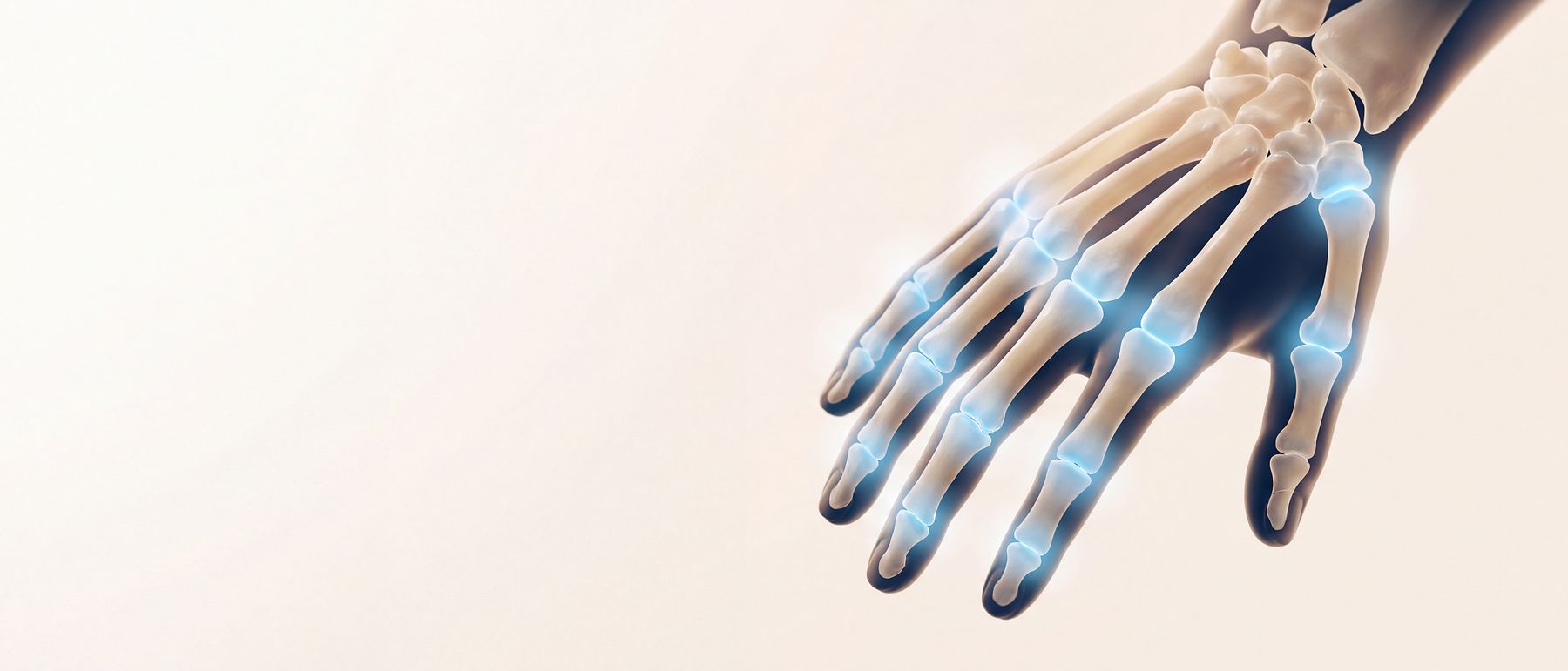 A three-dimensional illustration of a hand with the finger joints and the joint at the base of the thumb lit in blue.
