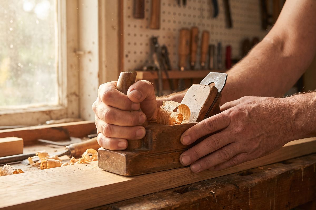 Two hands guiding a wooden hand plane along a length of oak.
