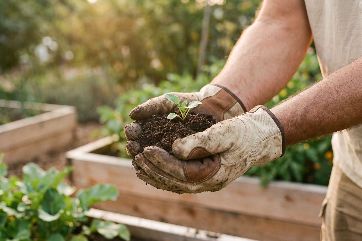 Gloved hands cupping soil and a small seedling in late afternoon light.