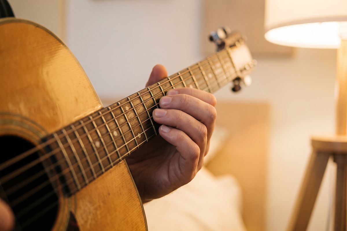 A hand forming a chord on the neck of an acoustic guitar.