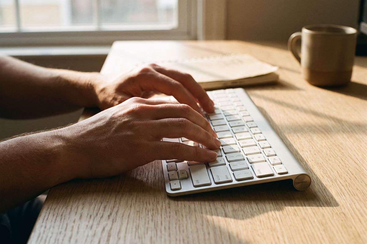 Two hands resting on a keyboard in warm afternoon light.