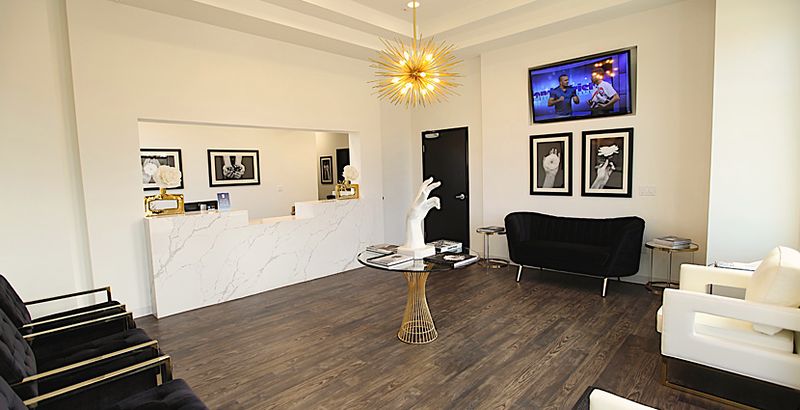 The Southlake waiting room seen from the entrance, with the reception counter to the right.